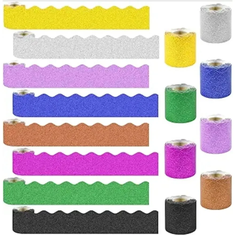 8 Rolls 262.4 Ft Glitter Bulletin Board Borders Colorful Scalloped Trim s15